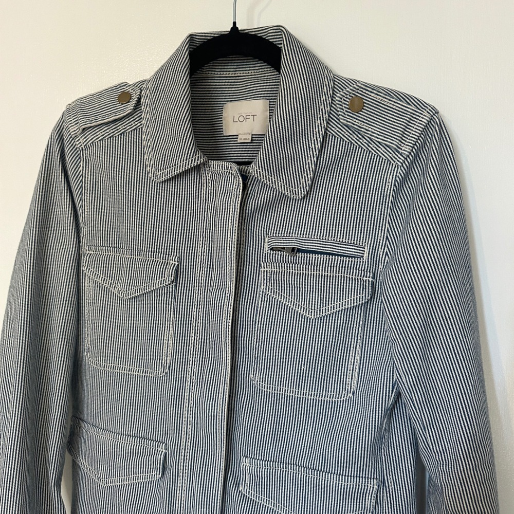 LOFT Women's Striped Utility Jacket Military Style Blue White‎ Size XS